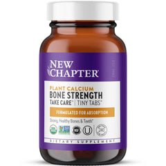 New Chapter calcium tiny tabs bottle shows easy-to-swallow daily bone support.