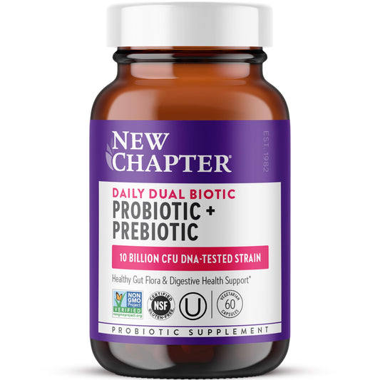 New Chapter Daily Dual Biotic bottle showing 10 Billion CFU probiotic for daily digestion