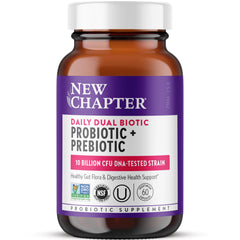 New Chapter Daily Dual Biotic bottle showing 10 Billion CFU probiotic for daily digestion