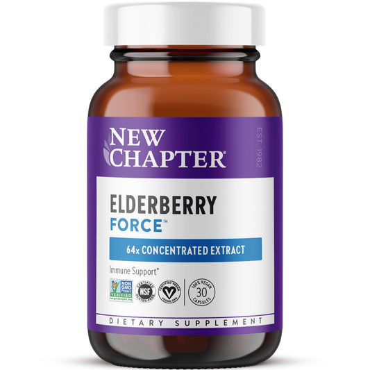New Chapter Vegan Elderberry Capsules bottle showing label, suggesting year-round immune support.
