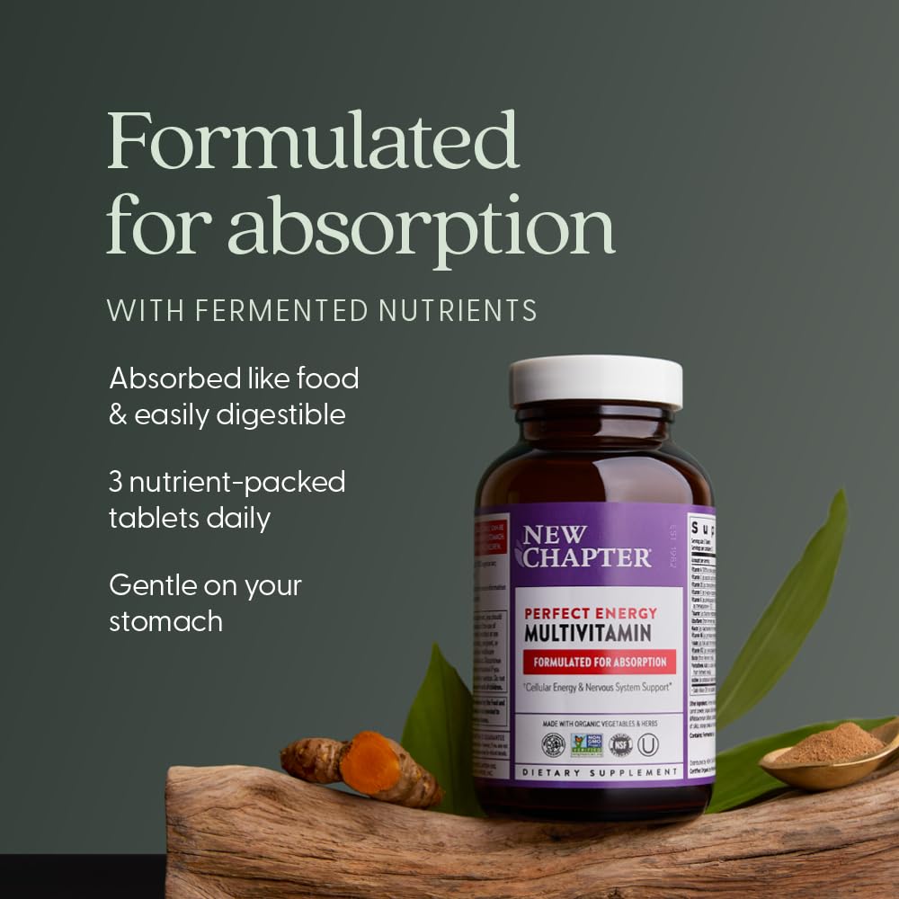 New Chapter Energy Multivitamin tablets close-up illustrating easy-to-digest form.