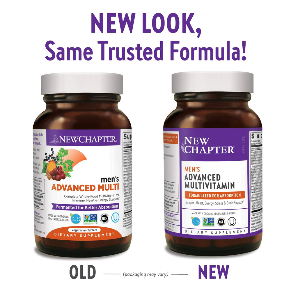New Chapter Every Man bottle back highlighting organic, Non-GMO ingredients