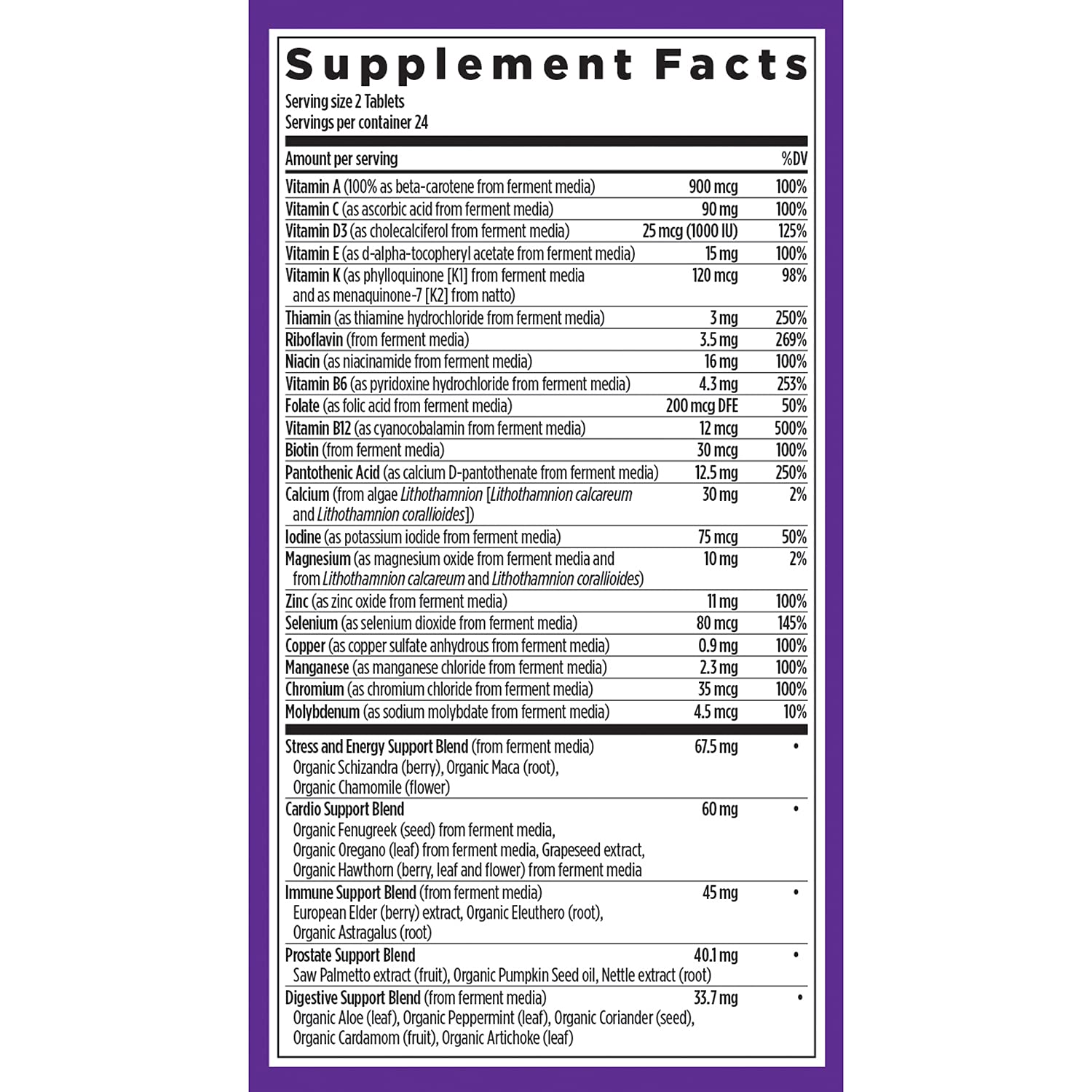 New Chapter Every Man label close-up emphasizing fermented whole-food nutrients