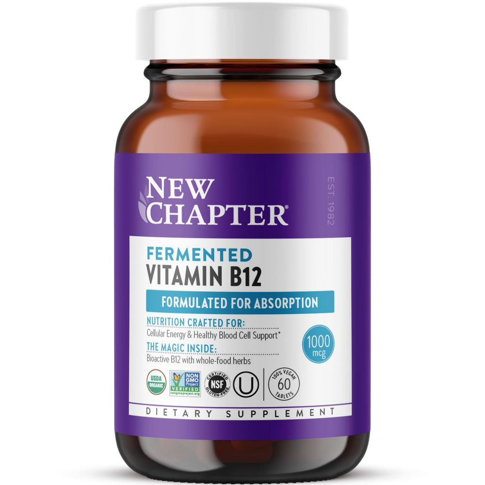 New Chapter fermented vitamin B12 bottle showing organic formulation for daily energy support