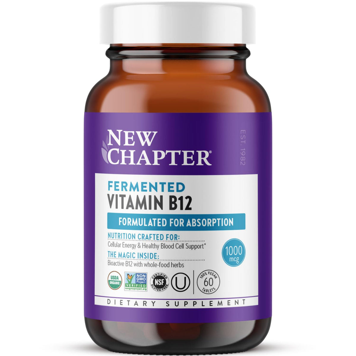 New Chapter fermented vitamin B12 bottle showing organic formulation for daily energy support