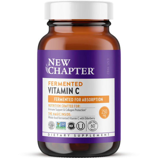 New Chapter Fermented Vitamin C + Elderberry bottle suggesting daily immune support.