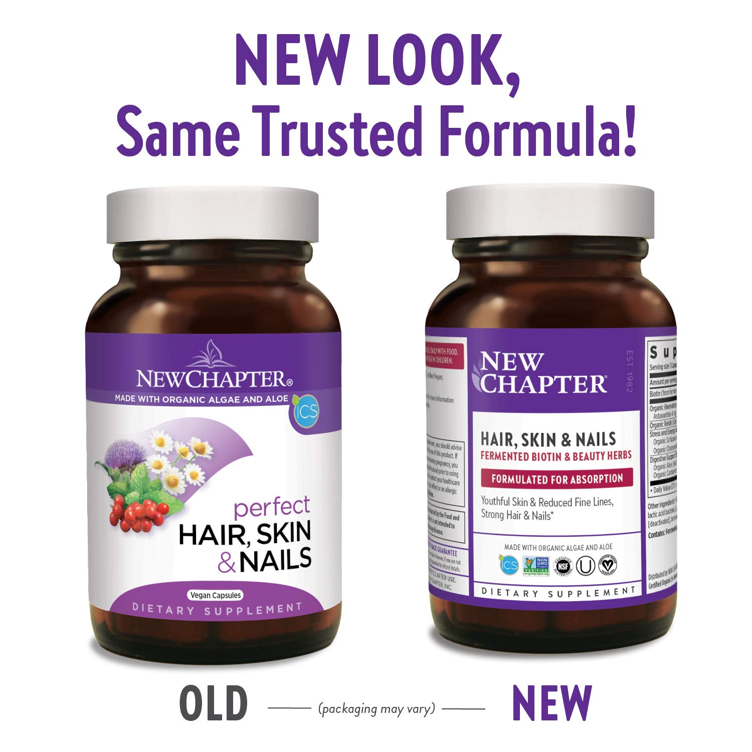 New Chapter Hair Skin Nails label close-up highlighting vegan, non-GMO branding