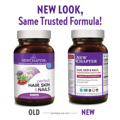 New Chapter Hair Skin Nails label close-up highlighting vegan, non-GMO branding