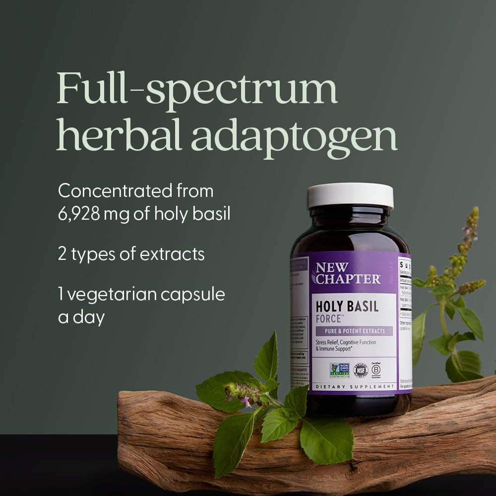 New Chapter Holy Basil Force bottle side shows non-GMO vegetarian absorption.