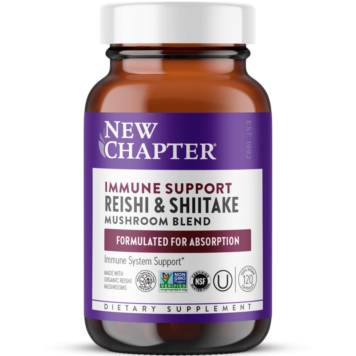 New Chapter Immune Support bottle label emphasizes quality and dosage clarity.
