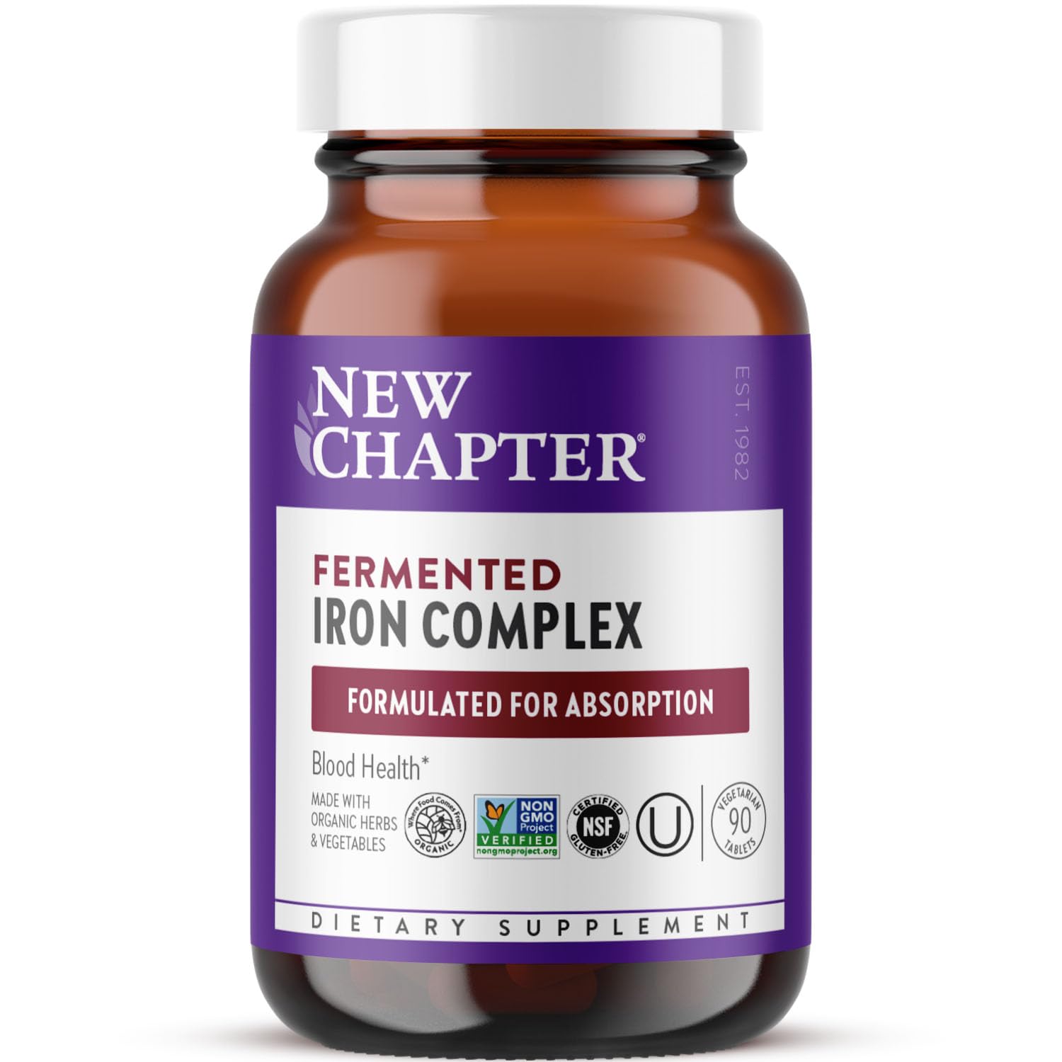New Chapter Iron bottle closeup showing non-constipating daily energy support.
