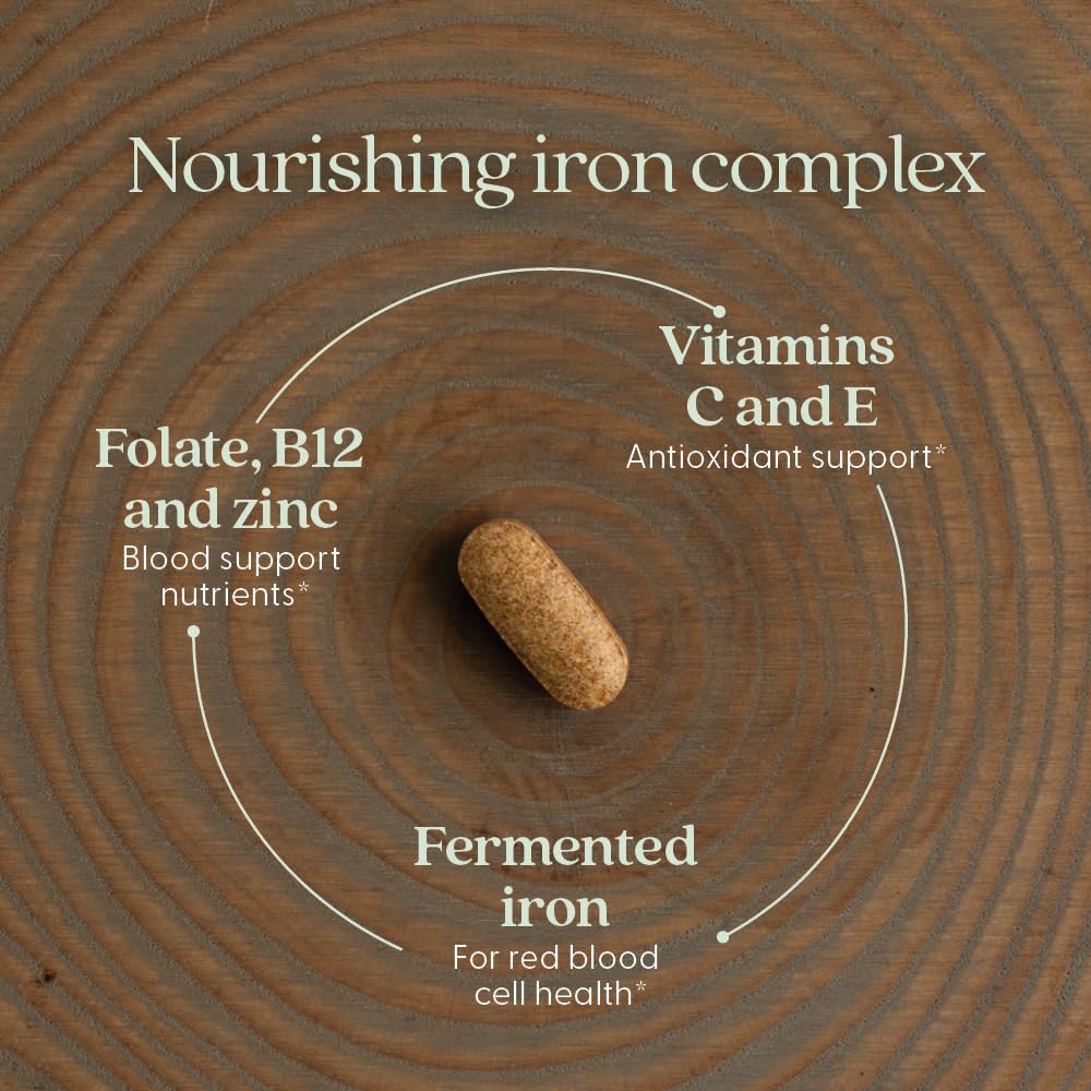 New Chapter Iron with organic vegetables visual highlights fermentation for better absorption.