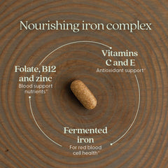 New Chapter Iron with organic vegetables visual highlights fermentation for better absorption.