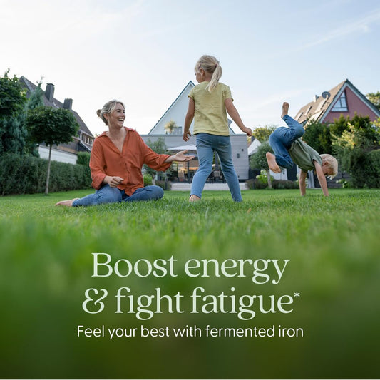 New Chapter Iron tablet daily-dose image emphasizes easy digestion and on-the-go routine.