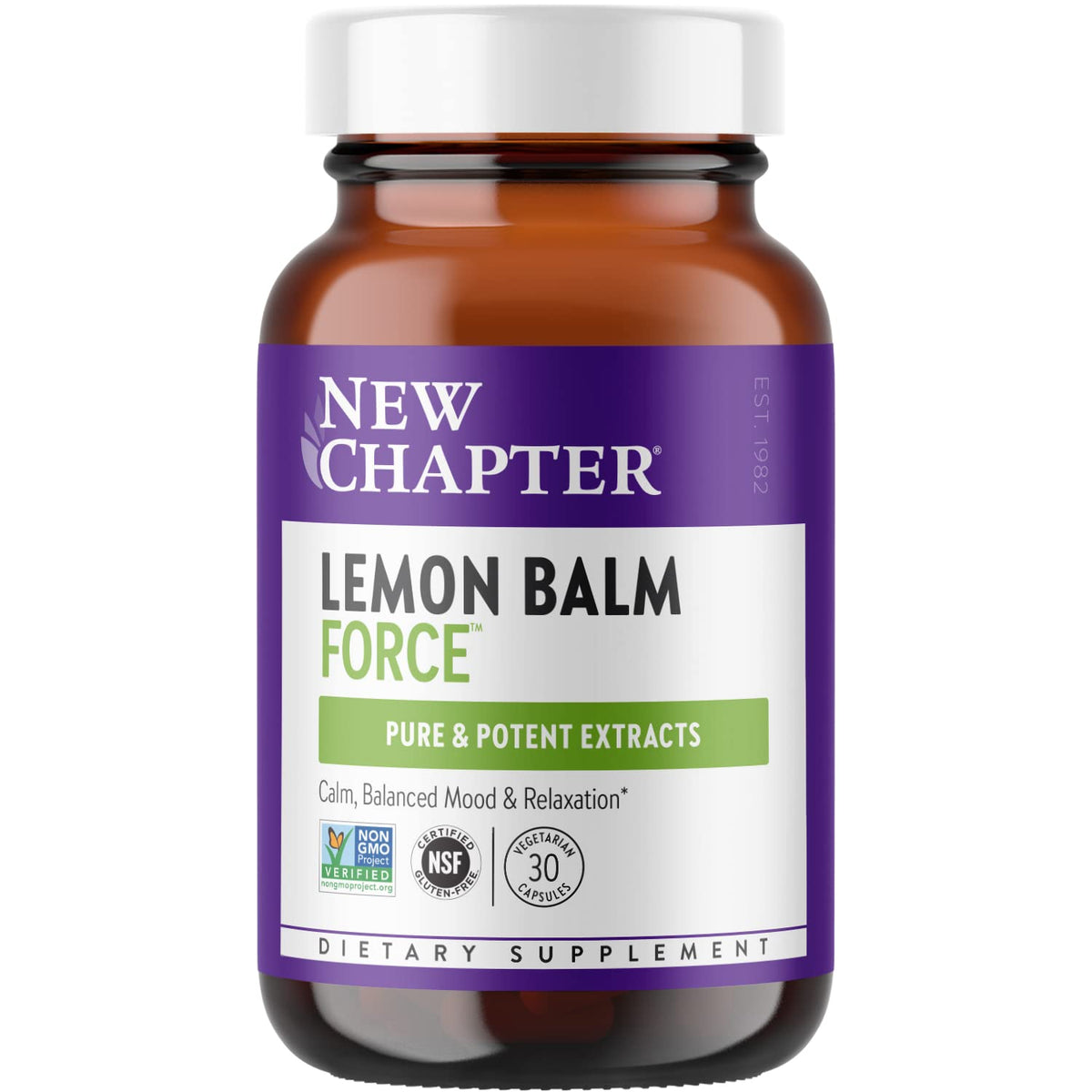 New Chapter Lemon Balm Force bottle for daily mood support in a vegetarian capsule.