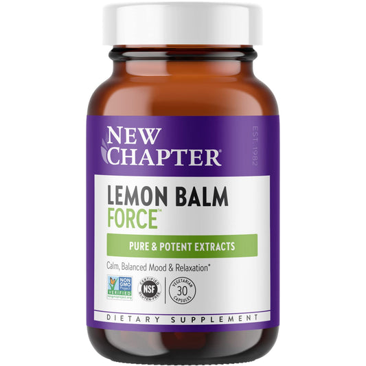 New Chapter Lemon Balm Force bottle for daily mood support in a vegetarian capsule.