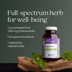 New Chapter Lemon Balm Force box front showcasing sustainable sourcing and vegetarian capsules.