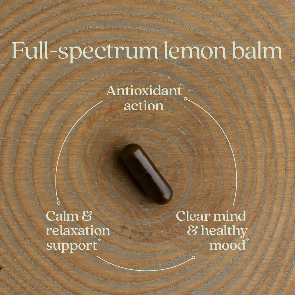 New Chapter Lemon Balm Force label detail highlights non-GMO and allergen-free attributes.