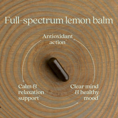 New Chapter Lemon Balm Force label detail highlights non-GMO and allergen-free attributes.