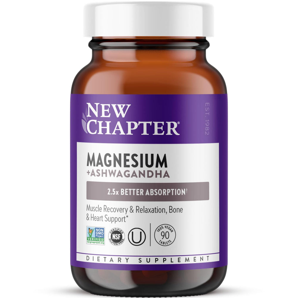New Chapter magnesium-ashwagandha bottle front shows high absorption formula for daily wellness