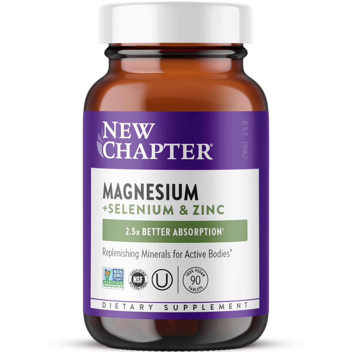 New Chapter magnesium-selenium-zinc tablet bottle front—supports post-exercise recovery and daily mineral balance.