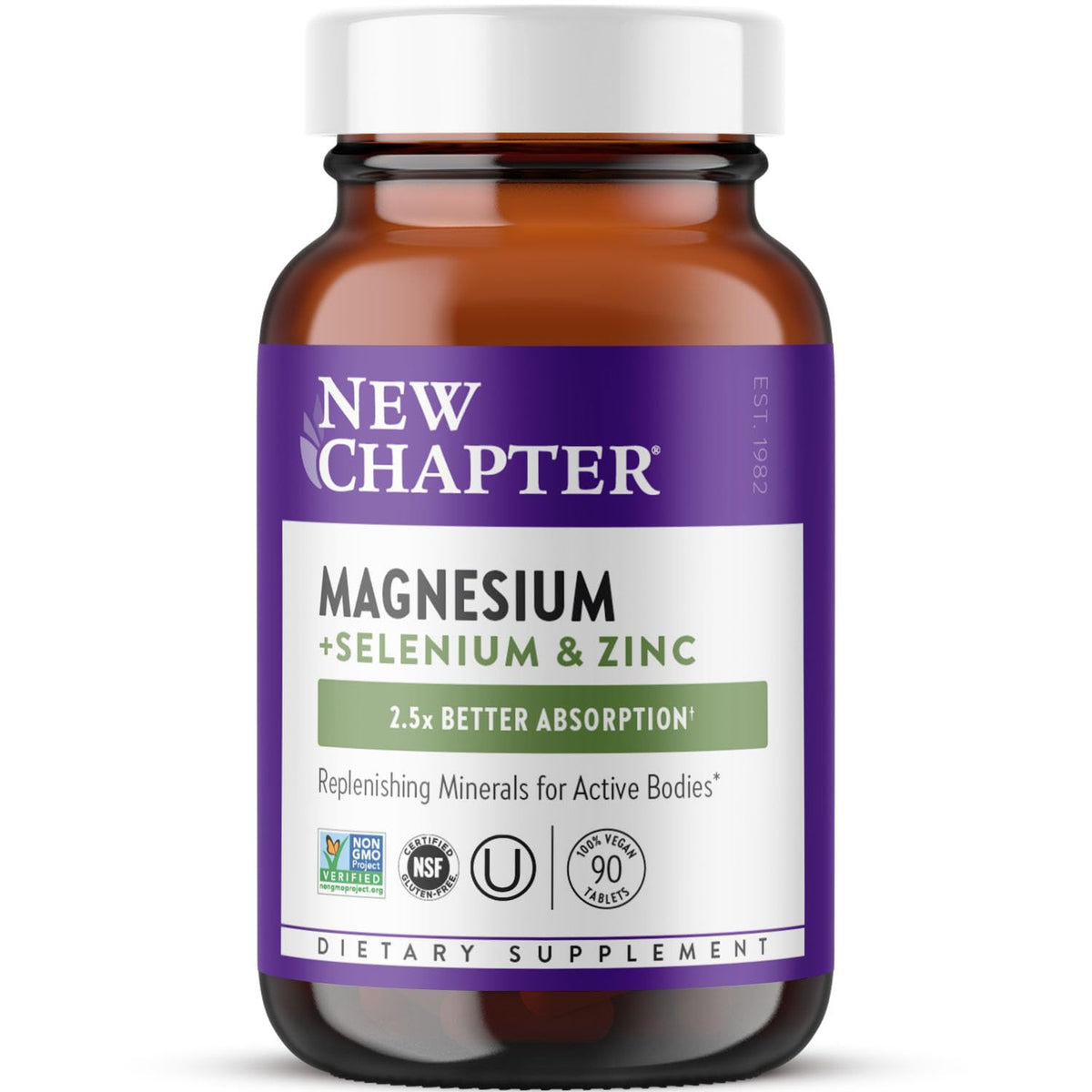 New Chapter magnesium-selenium-zinc tablet bottle front—supports post-exercise recovery and daily mineral balance.