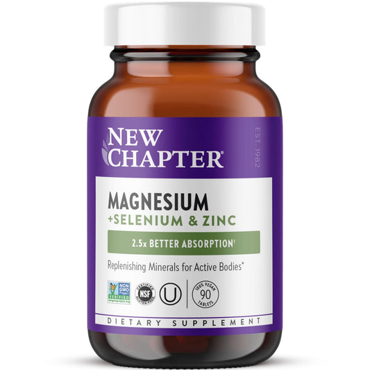 New Chapter magnesium-selenium-zinc tablet bottle front—supports post-exercise recovery and daily mineral balance.