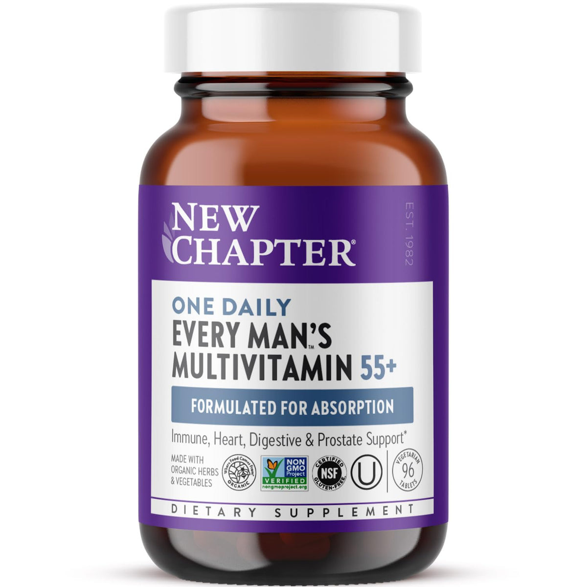 New Chapter Men 55Plus multivitamin bottle shown for daily immune and energy support.