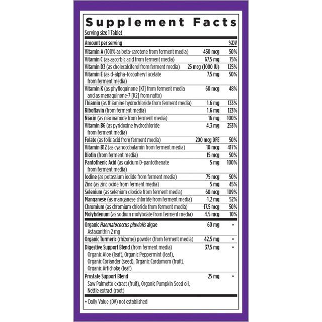 New Chapter Men 50+ multivitamin capsules highlight whole-food ingredients for immune support.
