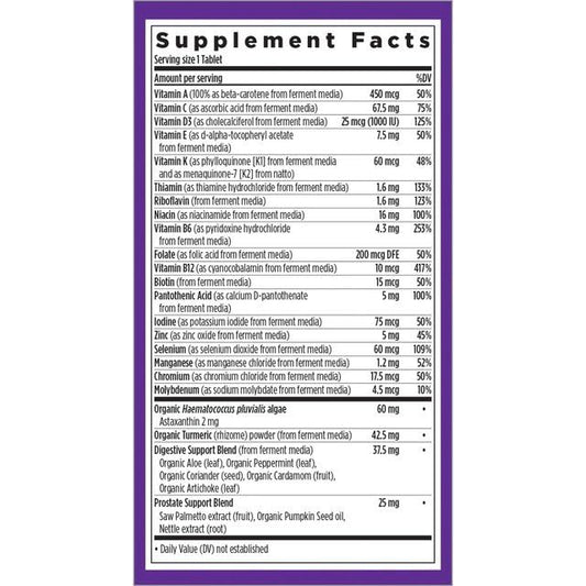 New Chapter Men 50+ multivitamin capsules highlight whole-food ingredients for immune support.