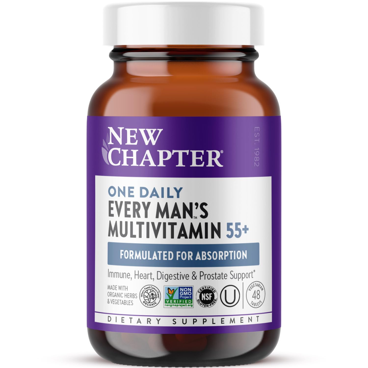 New Chapter Men's Multivitamin 55+ bottle front supports immune health and daily energy.