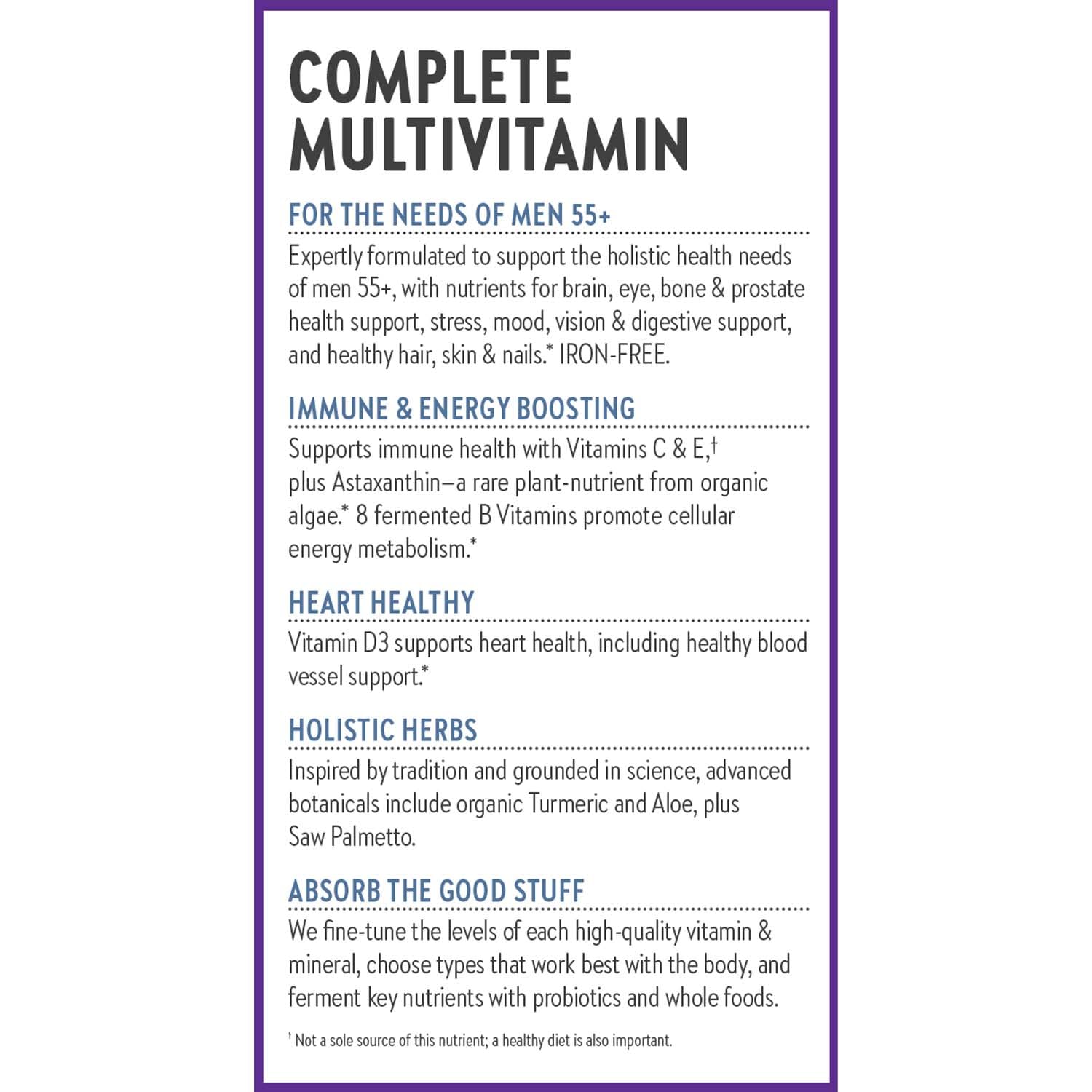 New Chapter Men's Multivitamin 55+ gentle on stomach label underlines easy digestion.