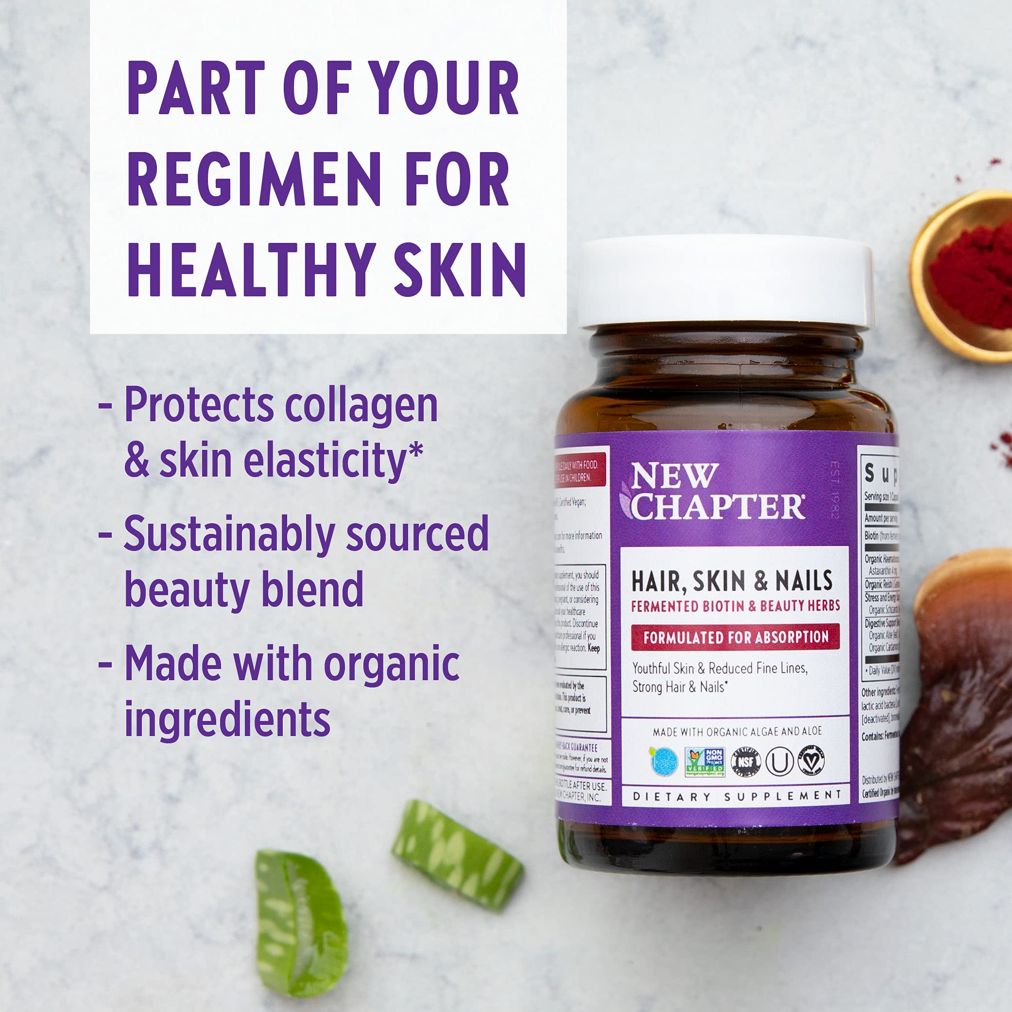 New Chapter non-GMO vegan certifications visible on packaging
