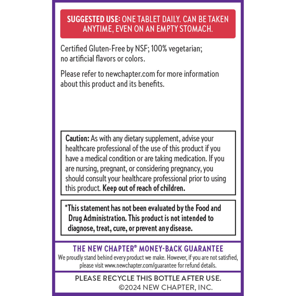 New Chapter packaging and ingredient panel highlighting whole-food ingredients.