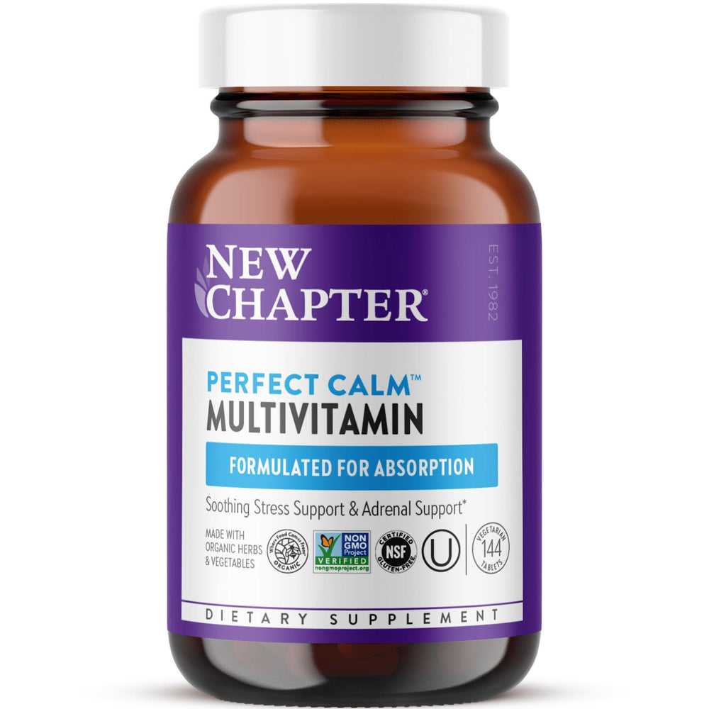 New Chapter Perfect Calm bottle front emphasizing daily stress support capsules.