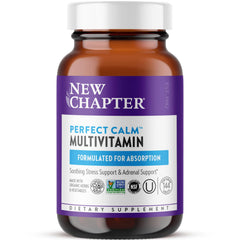 New Chapter Perfect Calm bottle front emphasizing daily stress support capsules.