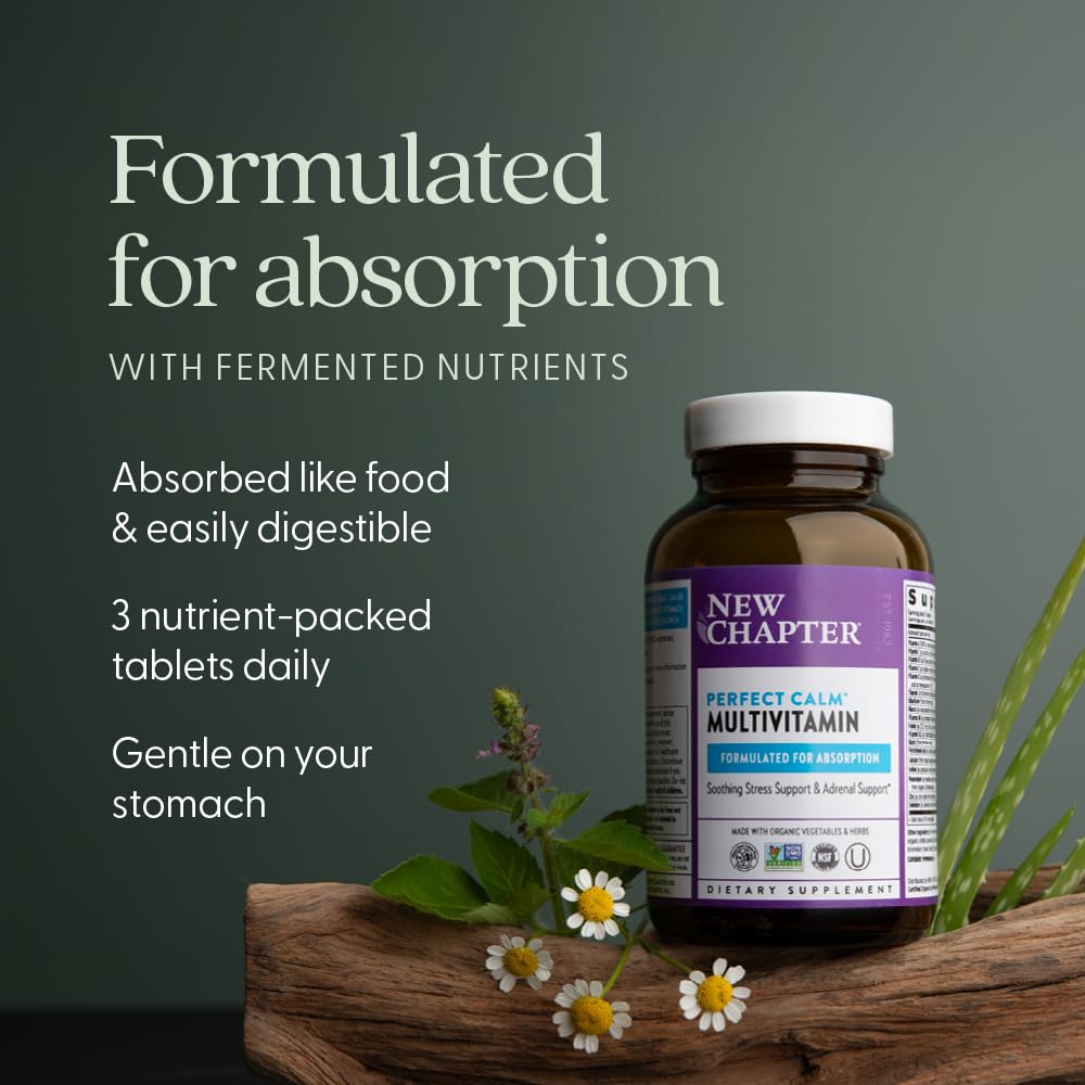 New Chapter Perfect Calm label closeup features Holy Basil and Lemon Balm botanicals.