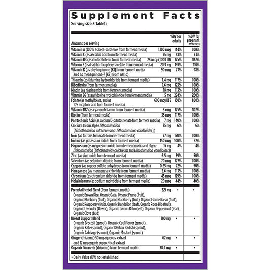 New Chapter Perfect Prenatal label close-up highlighting Folate, Iron, and D3 content