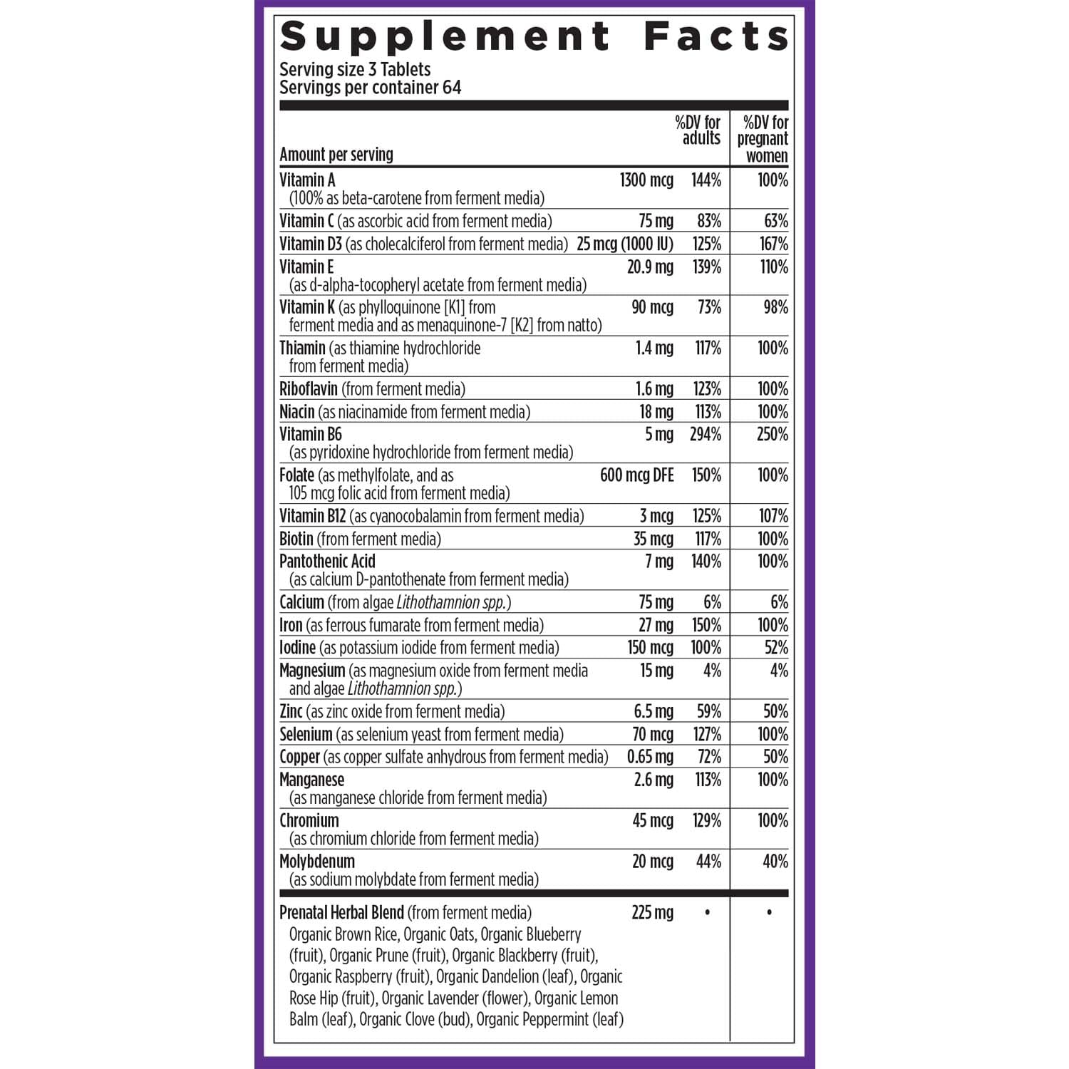 New Chapter Perfect Prenatal organic ingredients highlighted in the formula.