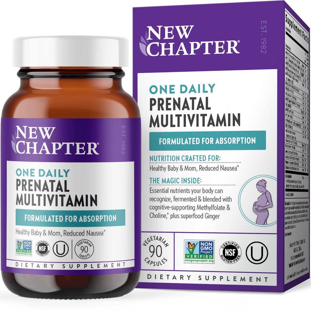 New Chapter Prenatal bottle packaging shows gluten-free, non-GMO formula for expectant moms.