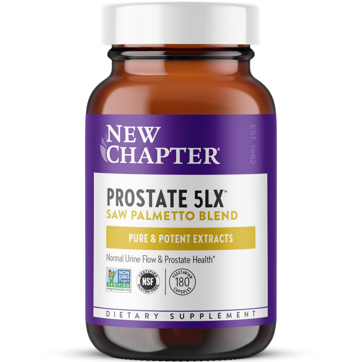 New Chapter Prostate 5LX bottle with capsules supports daily urinary comfort and men's wellness.