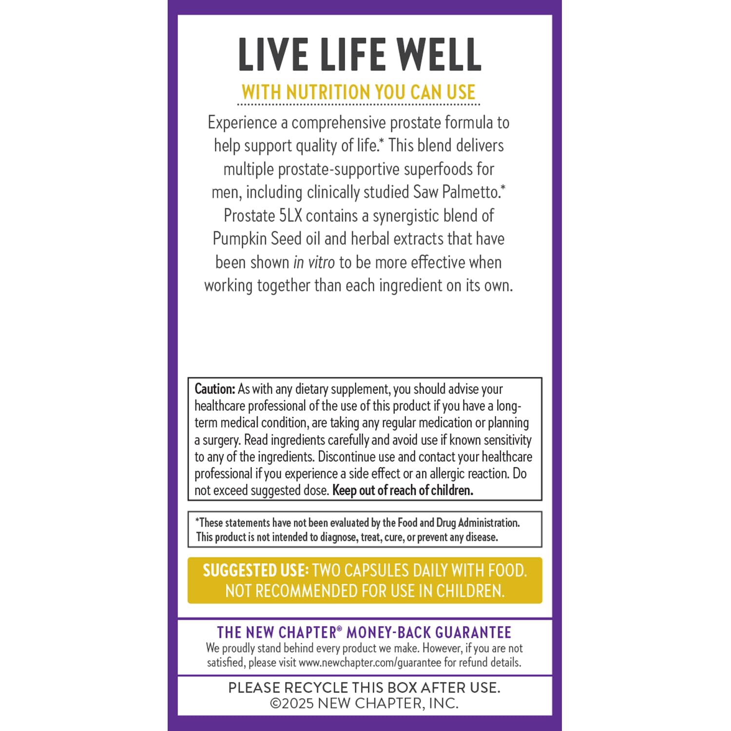 New Chapter Prostate 5LX nutrition label close-up, fermented selenium supports antioxidant balance.