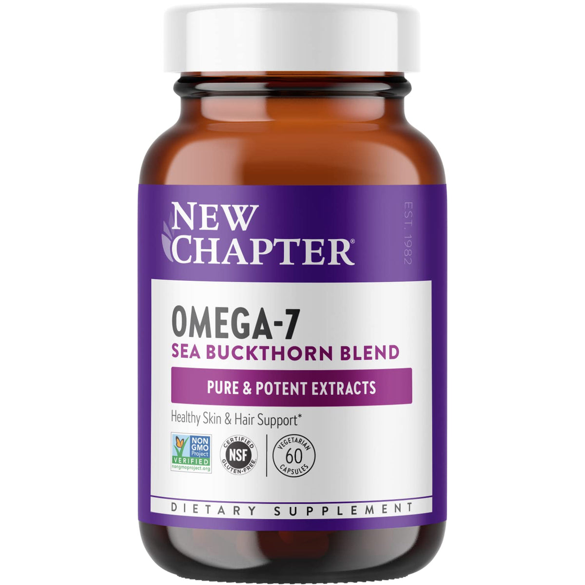 New Chapter Supercritical Omega-7 sea buckthorn bottle showing plant-based omega-7 source.
