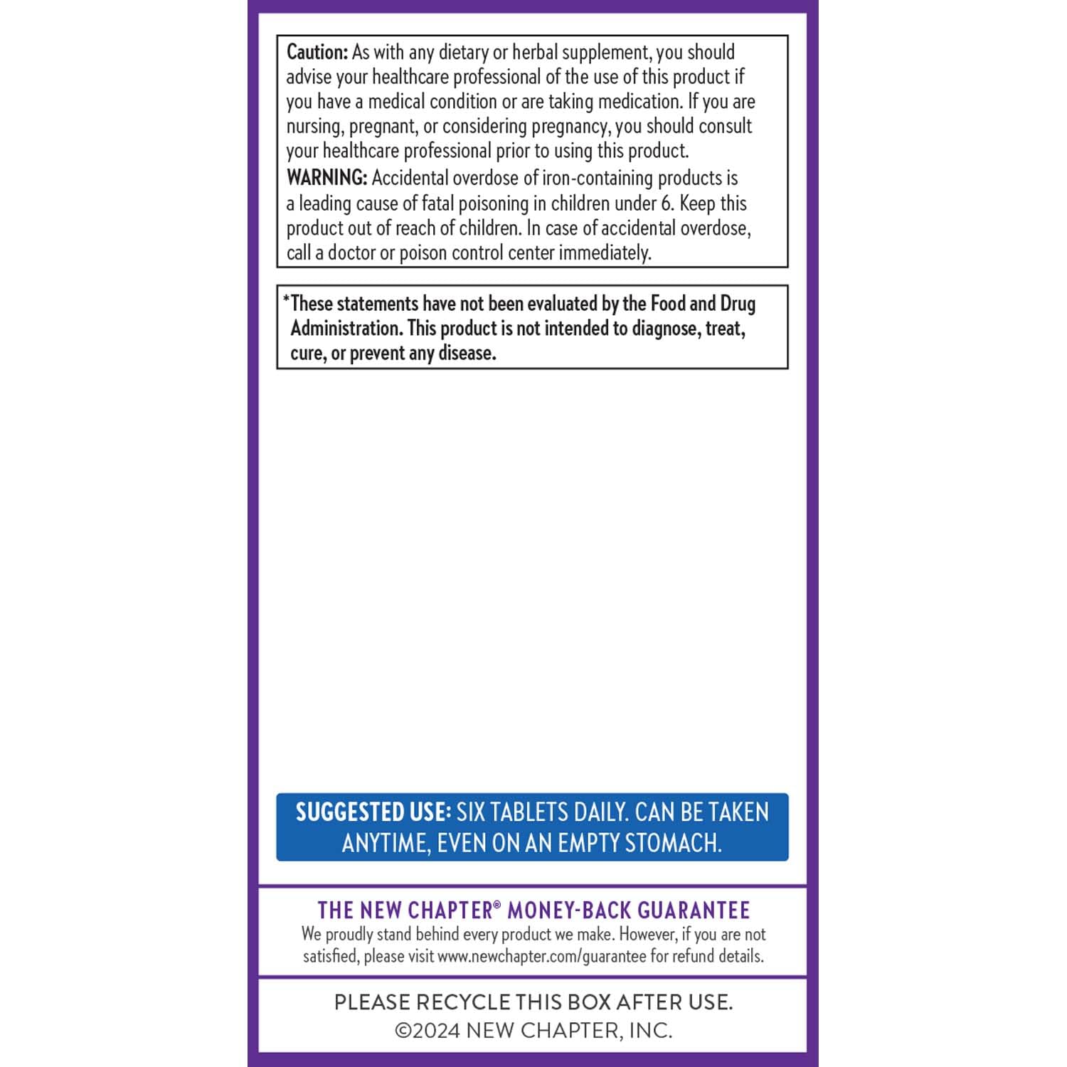 New Chapter Tiny Tabs packaging features gluten-free, kosher, and non-GMO certifications.