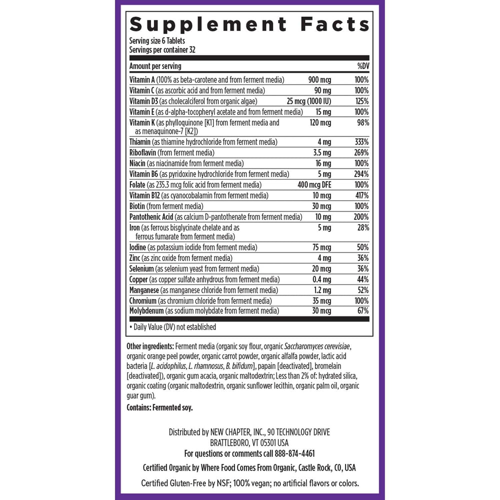 New Chapter Tiny Tabs multivitamin with organic vegetables content and 22 nutrients for daily energy.
