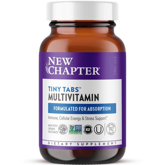 New Chapter Tiny Tabs multivitamin close-up of tiny tablets for easy daily intake and broad nutritional support.