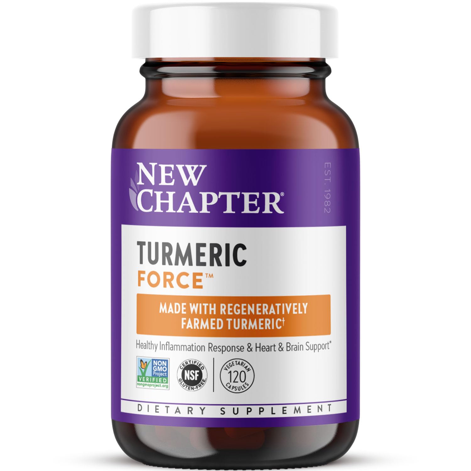 New Chapter Turmeric Force bottle cap shown, highlighting easy daily inflammation support.