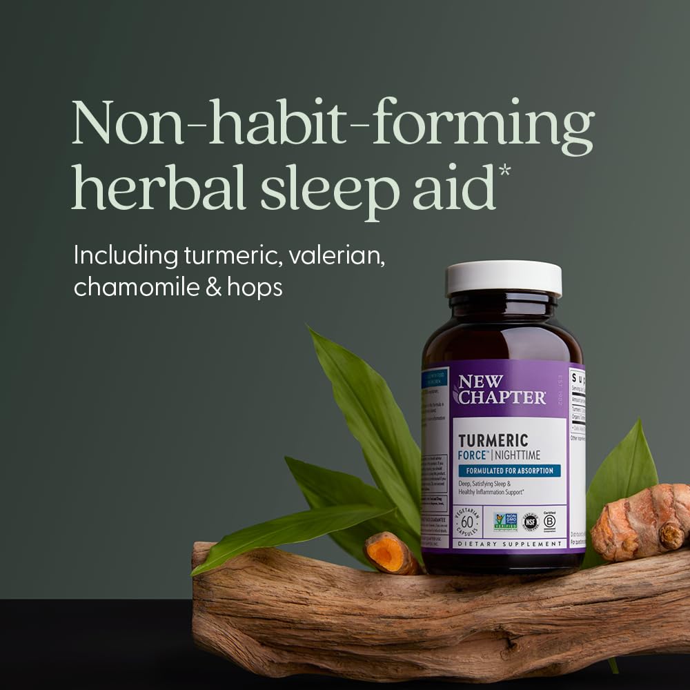 New Chapter Turmeric Force Nighttime valerian-root blend in herbal scene
