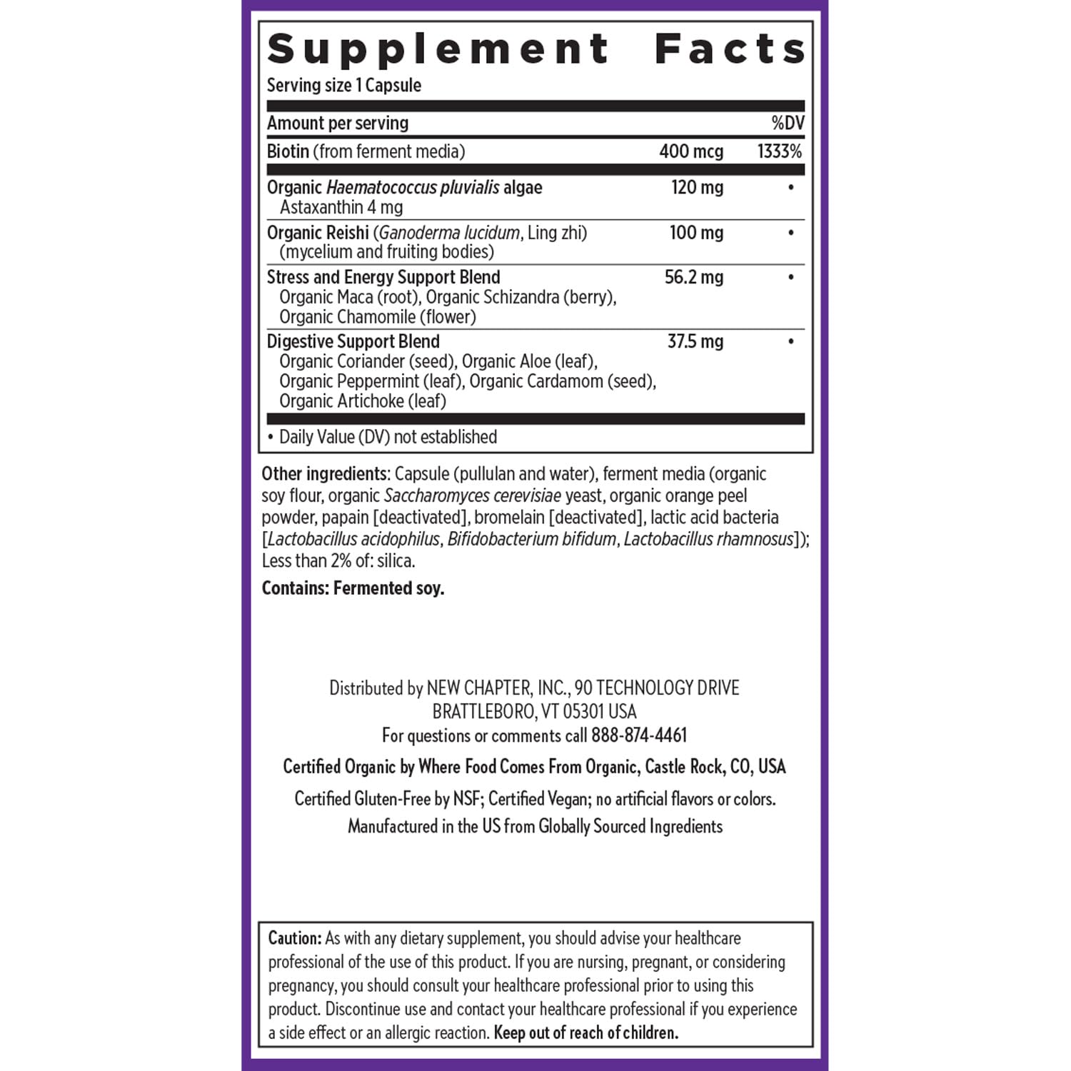 New Chapter vegan, non-GMO, kosher certifications on packaging indicate quality.