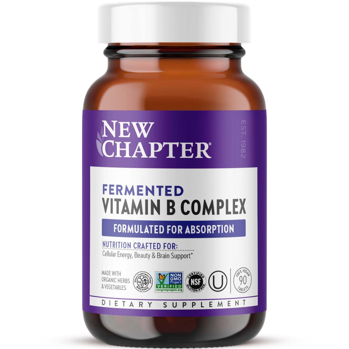 New Chapter Vitamin B Complex bottle front showing fermented, energy-supporting formula